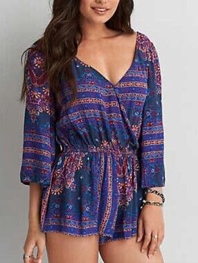 AMERICAN EAGLE Purple Blue Medallion Print Faux Wrap Bell Sleeve Romper Size Med